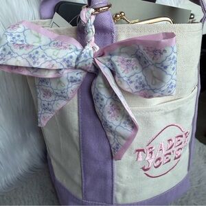 2026 Limited EditionTrader Joe's Mini Lavender-Trim Canvas Tote with Floral Bow